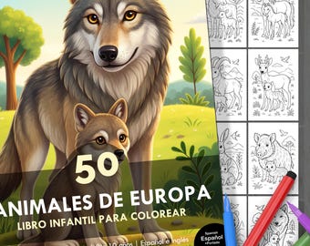 May include: A coloring book titled "50 European Animals" with illustrations of various animals. The cover features a wolf and a cub. The book includes the text "Libro Infantil Para Colorear" and is designed for children aged 2-10. Colored markers are visible.