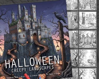 Gruselige Landschaften. Halloween-Malbuch. 50 Halloween-Zeichnungen mit gruseligen Szenen. Buch mit Halloween-Landschaften in gotischer Kunst