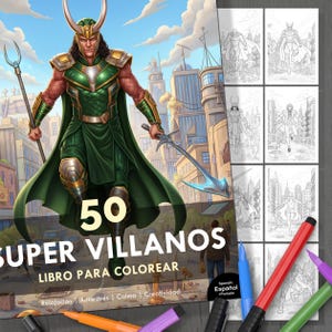 May include: A colouring book titled "50 Super Villains" featuring a green-clad character with a horned helmet and a cityscape background. The book includes black and white illustrations and is accompanied by colourful markers.