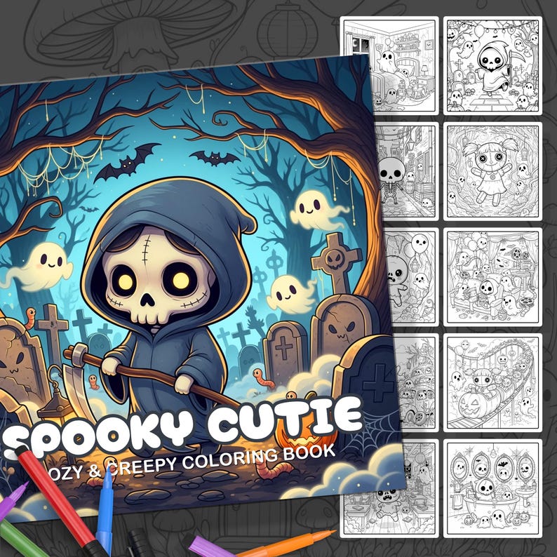 K&ouml;nnte beinhalten: Ein "Spooky Cutie" Malbuch mit einer Cartoon-Sensenmann-Figur mit einer Sense in einer Friedhofsszene. Das Cover ist farbig, w&auml;hrend die Innenseiten Schwarz-Wei&szlig;-Illustrationen von Geistern und anderen Halloween-Motiven zeigen. Farbstifte sind sichtbar.