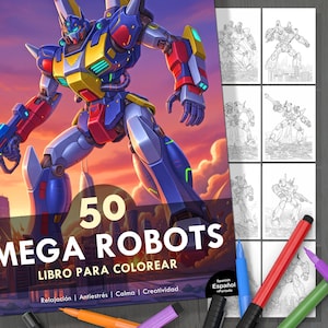 May include: A coloring book titled "50 Mega Robots" featuring a large, colorful robot illustration on the cover. The book includes line drawings of robots and is accompanied by colored markers.