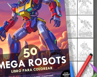 50 Mega Robots. Coloring Book with Robots in Cities of the World. Adults & Children. Relaxing, Stress-Relieving, and Fun. Digital Download