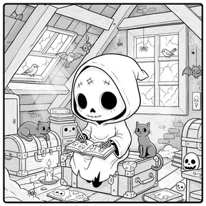 May include: Black and white illustration of a cartoon Grim Reaper character in an attic. The character is drawing in a book, surrounded by cats, bats, and other spooky elements. The scene is detailed and whimsical.