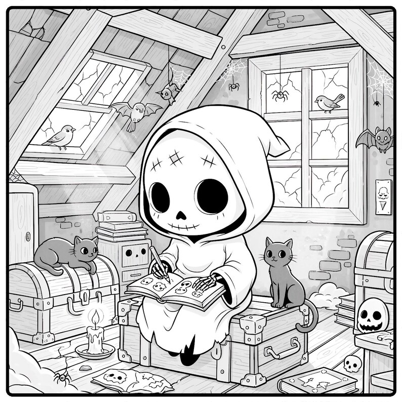 May include: Black and white illustration of a cartoon Grim Reaper character in an attic. The character is drawing in a book, surrounded by cats, bats, and other spooky elements. The scene is detailed and whimsical.
