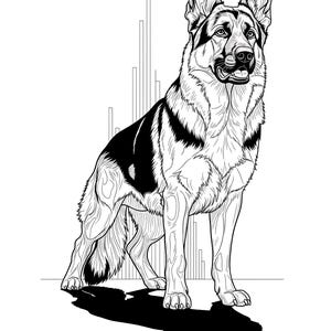 K&ouml;nnte beinhalten: Schwarz-Wei&szlig;-Illustration eines Deutschen Sch&auml;ferhundes in stehender Pose. Der Hund hat einen schwarzen Sattel und ein detailliertes Fellmuster. Der Text "Pastor Alem&aacute;n" befindet sich unten.