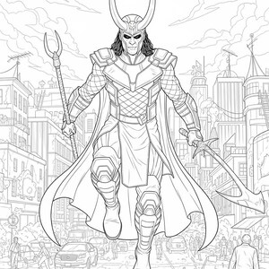 May include: Black and white line art illustration of a character in a horned helmet, cape, and armour, holding a staff and a curved blade. The character is mid-air, with a city street and buildings in the background.