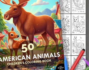America Animals Coloring Book. 50 Fun Animal Pages + Cover for Kids 2-10. Learn, Play & Color. Instant Digital Download. Spanish and English