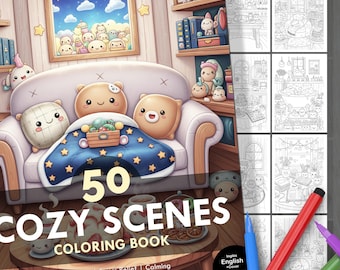 Cozy Scenes Coloring Book. 50 Cozy Illustrations + Cover. Kids & Adults. Relaxation, Stress Relief, Creative Fun. Instant Digital Download