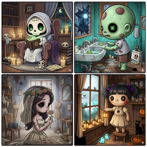 May include: Four-panel illustration featuring spooky cartoon characters. A ghost reads a book, a zombie washes up, a bride holds a rose, and a doll holds a lantern. Each scene is set in a dimly lit room with Halloween-themed decor.