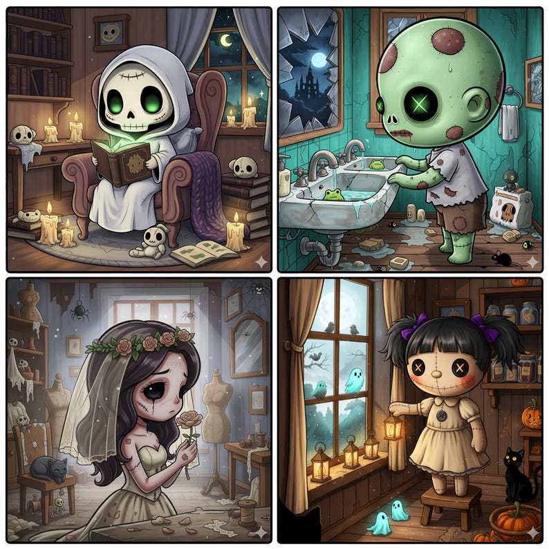 May include: Four-panel illustration featuring spooky cartoon characters. A ghost reads a book, a zombie washes up, a bride holds a rose, and a doll holds a lantern. Each scene is set in a dimly lit room with Halloween-themed decor.