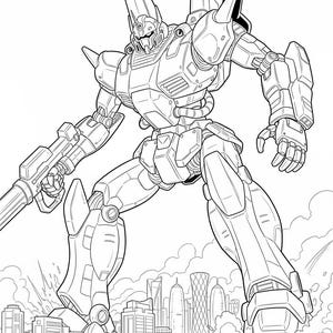 May include: Line art illustration of a large robot with a gun, striding over a city. The robot has a detailed mechanical design with multiple panels and joints. The city skyline includes skyscrapers and other buildings.