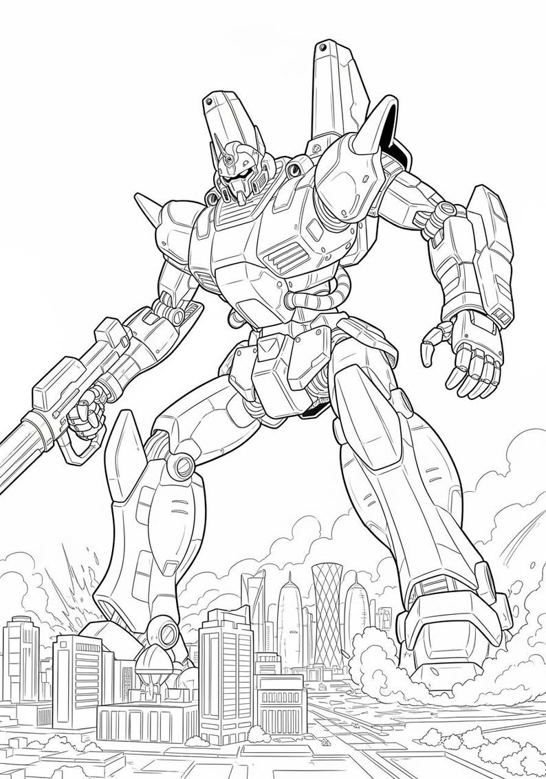 May include: Line art illustration of a large robot with a gun, striding over a city. The robot has a detailed mechanical design with multiple panels and joints. The city skyline includes skyscrapers and other buildings.