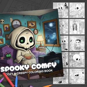 May include: A "Spooky Comfy" coloring book with a cartoon skeleton character on the cover, holding popcorn and watching TV. The cover art features a cozy, spooky living room scene. Additional coloring pages are visible.