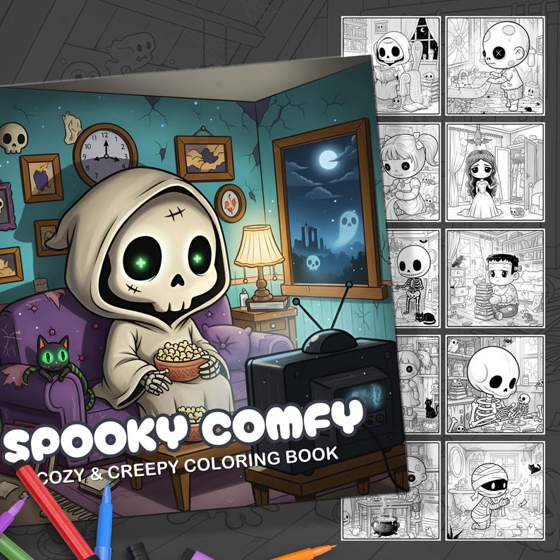 May include: A "Spooky Comfy" coloring book with a cartoon skeleton character on the cover, holding popcorn and watching TV. The cover art features a cozy, spooky living room scene. Additional coloring pages are visible.