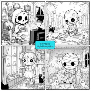 May include: Black and white illustration of a Halloween-themed coloring book. The book features four panels with spooky characters, including a grim reaper, a zombie, a doll, and a mummy. The text "50 Pages High Resolution" is visible.