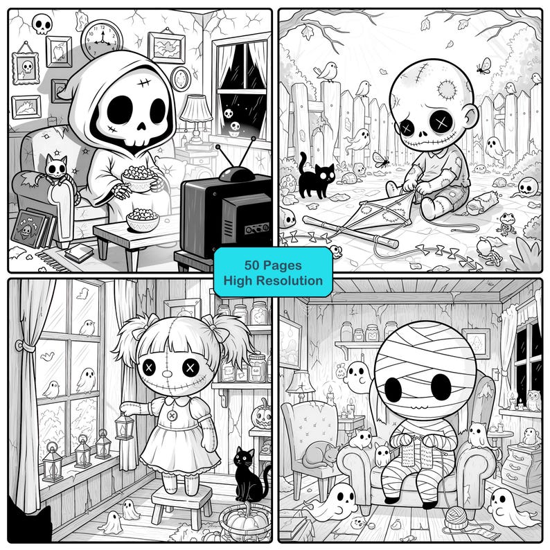 May include: Black and white illustration of a Halloween-themed coloring book. The book features four panels with spooky characters, including a grim reaper, a zombie, a doll, and a mummy. The text "50 Pages High Resolution" is visible.