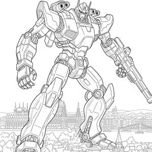 May include: Line art illustration of a large robot with a gun, standing over a city. The robot has detailed mechanical features and is in a dynamic pose. The background shows buildings and a river.