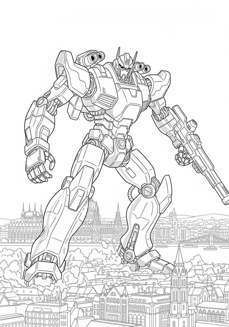 May include: Line art illustration of a large robot with a gun, standing over a city. The robot has detailed mechanical features and is in a dynamic pose. The background shows buildings and a river.