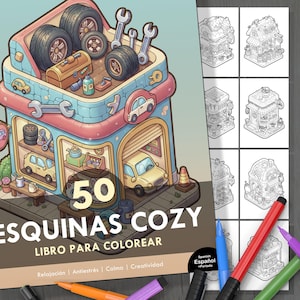 Puede incluir: Un libro para colorear titulado "ESQUINAS COZY" con el número 50 en un lugar destacado. La portada presenta una escena de garaje de dibujos animados con coches y herramientas. Una página separada muestra dibujos lineales detallados de edificios, con marcadores de colores.