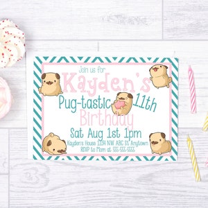 Pug Birthday, Printable Pug Birthday invitation, Pug Party invite, Pug Puppy, Cute Pugs, Pug Birthday invite, Personalized