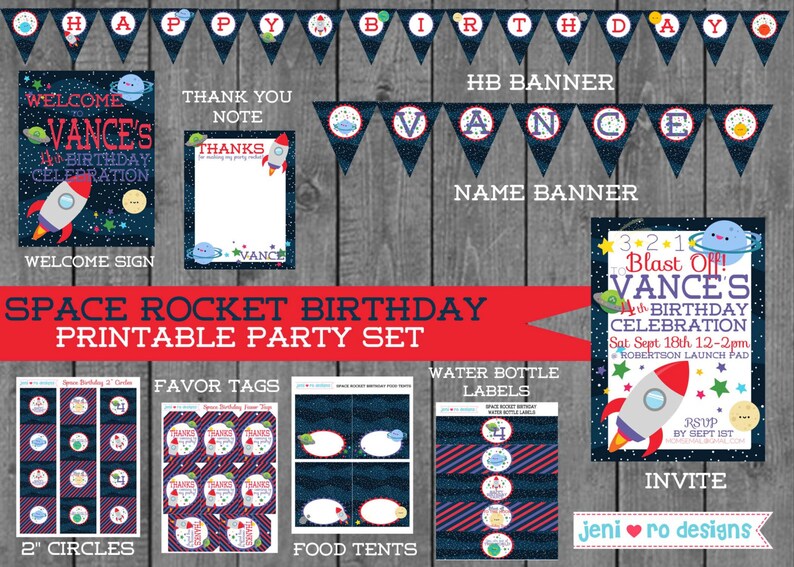 Space Rocket Birthday, Printable Party Set, Birthday invite, Space Birthday Decorations, Outer Space, Rockets, Planets, Personalized image 1