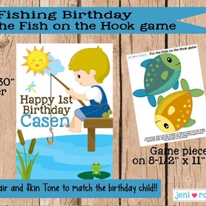 Party Game, Fishing Birthday, Pin the fish on the hook, Printable Game, OFishally One, Gone Fishing, Birthday Decorations, Personalized