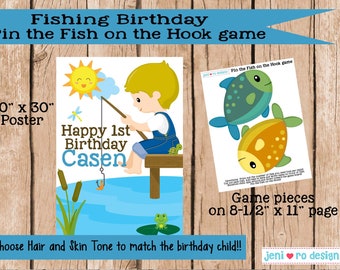 Party Game, Fishing Birthday, Pin the fish on the hook, Printable Game, OFishally One, Gone Fishing, Birthday Decorations, Personalized