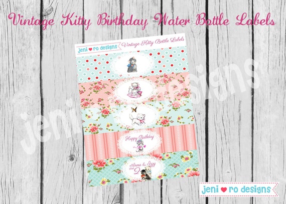 Vintage Kitty Birthday, Printable Water Bottle Labels, Drink Labels, Kitty birthday, Vintage Kitten, Birthday decorations, Personalized Il_570xn