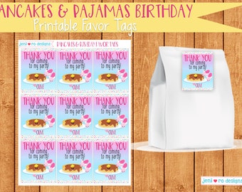 Pancakes & Pajamas Birthday, Printable Favor tags, Favors, party favors, take home tag, Pancakes, Pjs, Pajamas, morning party, Personalized