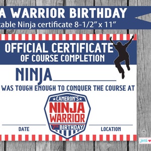 Ninja Warrior Birthday, Parkour Party, Printable Ninja certificate, course completion, ninja award, party favor, Ninja warrior, Personalized