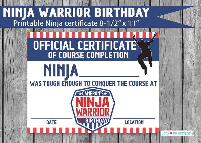 Ninja Warrior Birthday, Parkour Party, Printable Ninja certificate, course completion, ninja award, party favor, Ninja warrior, Personalized 