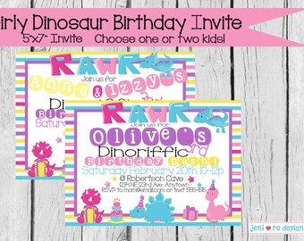 Girly Dinosaur Birthday Invitation, Printable Invitation, Party invite, Cute dinosaurs, Dinosaurs, Dinosaur birthday, Personalized