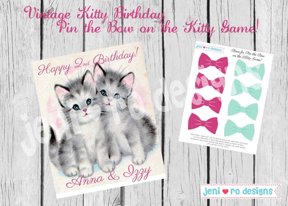 Party Game, Vintage Kitty Birthday, Printable Party game, Pin the Bow on the Kitty Game, Birthday game, Kitty birthday, Personalized Il_570xn