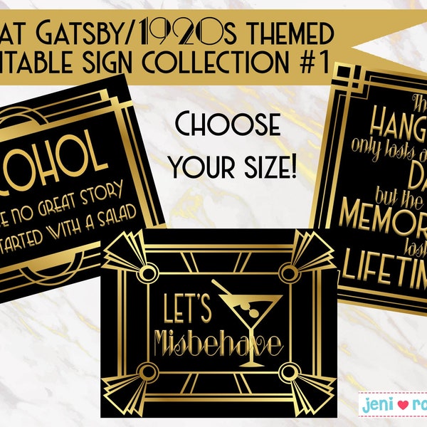Great Gatsby Party Printable signs, Roaring 20's party decorations, Great Gatsby party, 1920's decorations, Art Deco poster, Black Gold