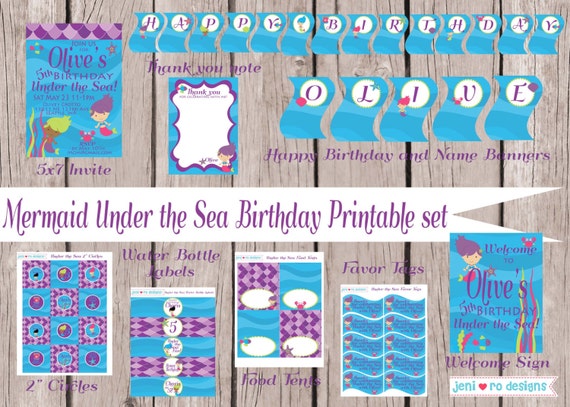 Mermaid Birthday, Printable Party Set, Mermaid Party, Under the Sea, Mermaid Invitation, Mermaid decorations, Mermaids, Personalized Il_570xn