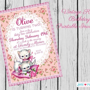Vintage Kitty Birthday, Printable Party Invitation, Kitty birthday, Vintage Kitten, Birthday invitation, Invite, Personalized