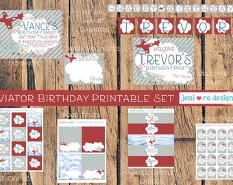 Vintage Airplane Printable Party Set, Aviator Birthday, Airplanes, Invitation, Birthday decorations, 1st birthday, Personalized