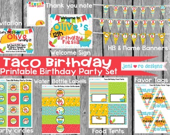 Taco Birthday, Taco Party Printable set, Printable party decor set, Printable invite, Taco party, Tacos, Chips & Guacamole, Personalized