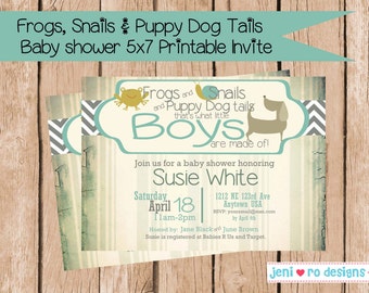 Frogs Snails and Puppy Dog Tails Baby Shower Printable Invitation, Baby shower invite, What little boys are made of, Personalized