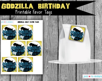 Godzilla Birthday, Printable Party Favor tags, Gift tags, Favors, Monsters, Movie monster, Godzilla, Dino, Personalized