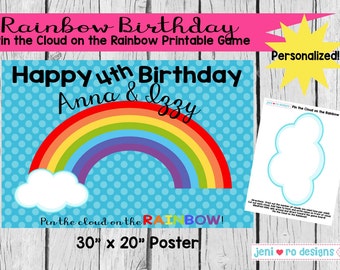 Rainbow Birthday, Printable Party Game, Pin the Cloud on the Rainbow, Birthday Game, Rainbows, Clouds, Party activity, Personalized