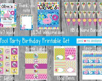 Pool Party Birthday, Printable Party Decor set, Party Invite, Pool Party, Pool party birthday, Pool floaties, Summer birthday, Personalized