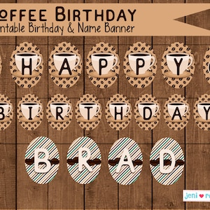 Coffee Birthday Party, Printable banner, Party banner, Coffee Happy Birthday banner, Coffee mugs, Coffee break, Coffee beans, Personalized