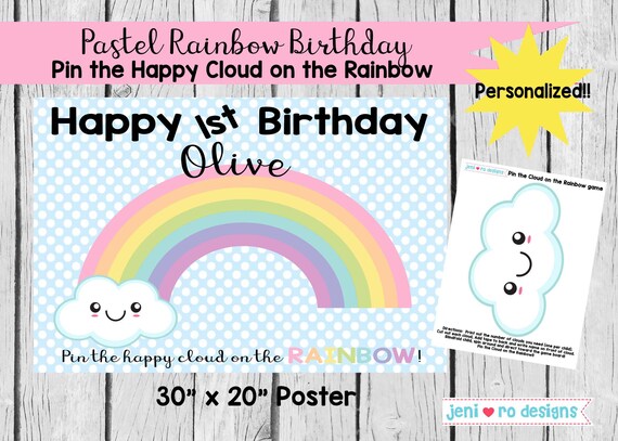 Party Game, Pin the Happy Cloud on the Rainbow, Printable Game, Pastel Rainbow birthday, Chuva de amor, Rainbows, Personalized Il_570xn