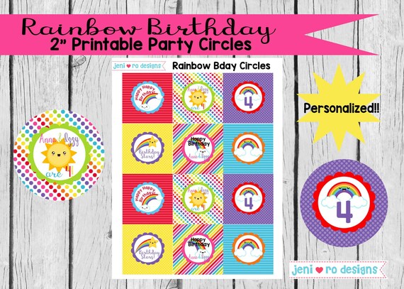 Rainbow Birthday, Printable Party Circles, Cupcake Toppers, Confetti, Rainbows, Colorful, Birthday decorations, Personalized Il_570xn