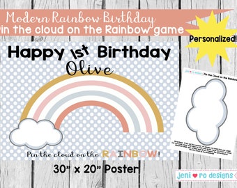 Party Game, Pin the Cloud on the Modern Rainbow, Printable Game, Modern Rainbow birthday, Mod, Trendy, Modern, Rainbows, Personalized