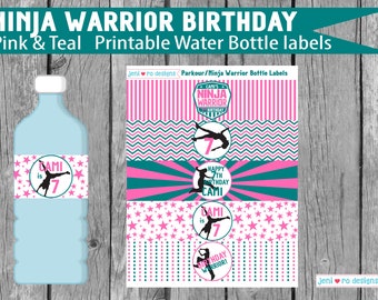 Ninja Warrior Printable water bottle labels, Pink and teal, Girl Parkour Party, drink labels, bottle wraps, Ninja girl, Personalized