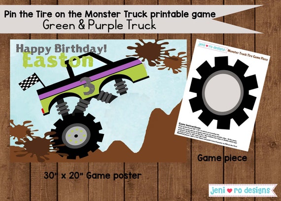 Monster Truck Birthday Printable Party Game, Pin the Tire on the Monster Truck, Party game, Green and Purple, Inspired by, Monster trucks Il_570xn