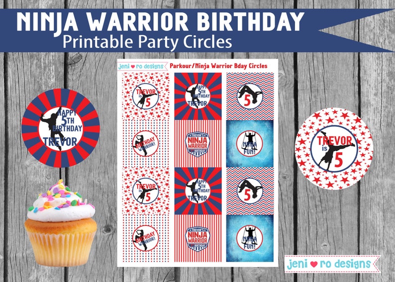 Ninja Warrior Birthday, Parkour Party, Printable Party Circles, Cupcake toppers, Birthday decor, Ninja warrior, Free Running, Personalized image 1