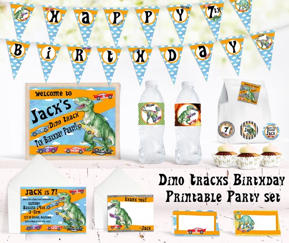 Dino Tracks Birthday, Printable Party Decor Set, Birthday invitation ...